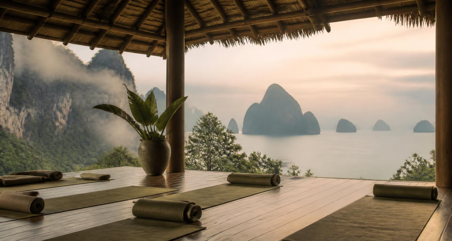 Open-air yoga pavilion overlooking the limestone karsts of Krabi, Thailand